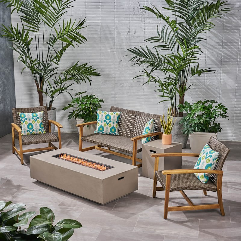 Augusta Outdoor Acacia Wood and Wicker 4 Seater Chat Set with Fire Pit by Christopher Knight Home - Light Grey/Mixed Mocha/Natural