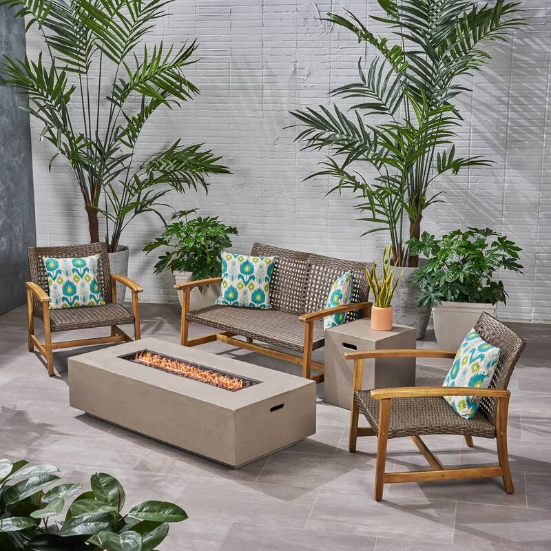 Augusta Outdoor Acacia Wood and Wicker 4 Seater Chat Set with Fire Pit by Christopher Knight Home - Light Grey/Mixed Mocha/Natural