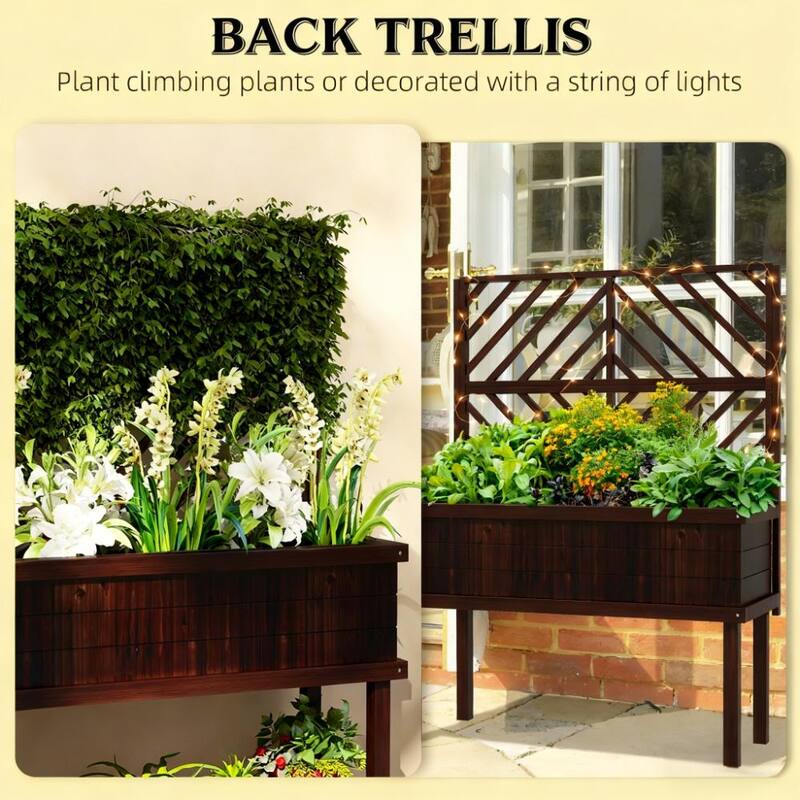 Raised Garden with Trellis, Bed Elevated Wood Planter with Legs and Drainage Holes