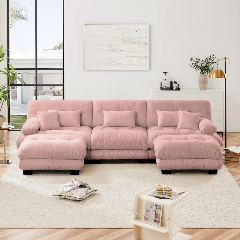 Anmytek Pink Chenille Modular U-Shaped Sectional Sofa with Two Ottomans Deep Seat Oversized Cloud Couch