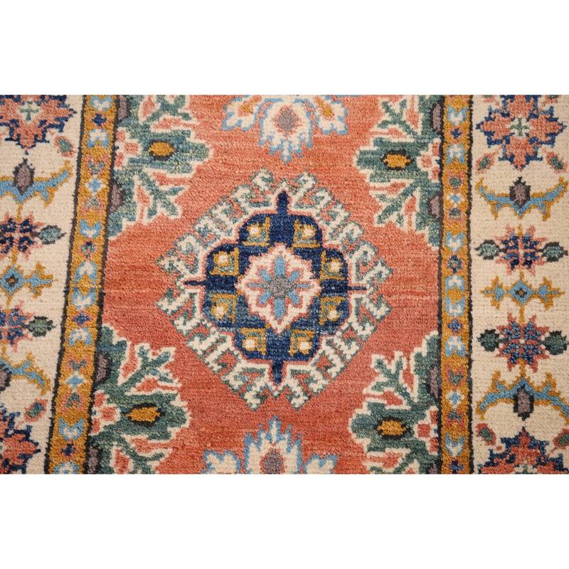 Geometric Kazak Accent Rug Handmade Orange Wool Carpet - 2'0" x 3'0"