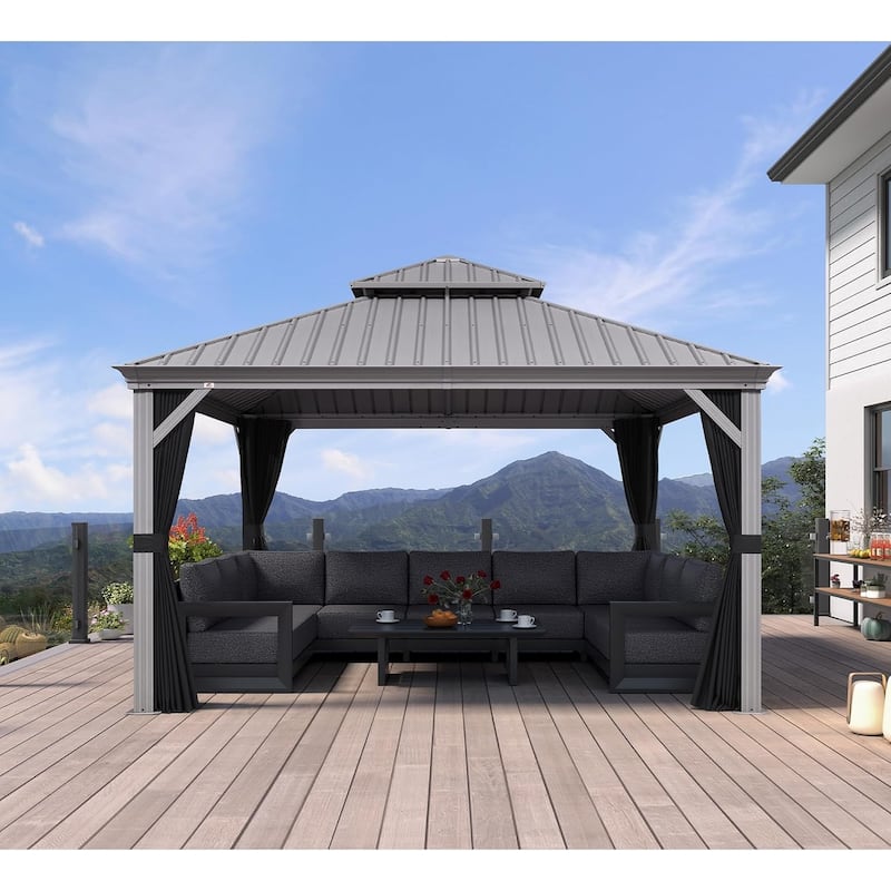 PURPLE LEAF Patio Gazebo for Backyard Hardtop Galvanized Steel Frame with Upgrade Curtain - Light Grey