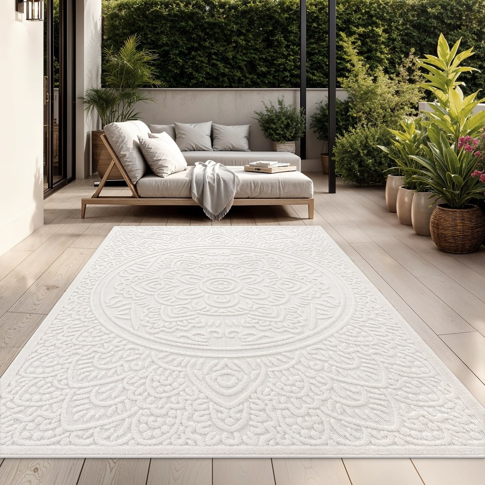 Orinetal Area Rug with Bohemian Mandala Pattern in Silver Cream