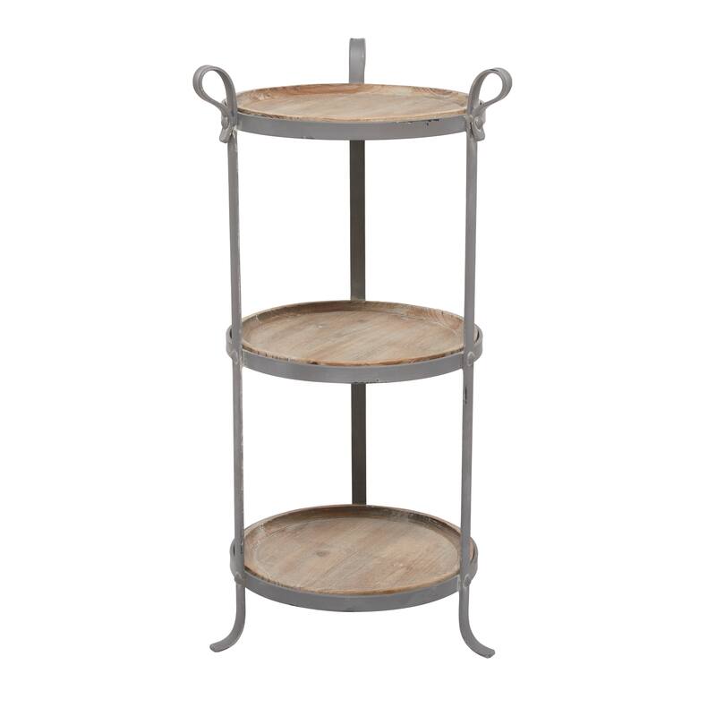 Gray Metal 2 Shelves Accent Table with Brown Wood Tabletops