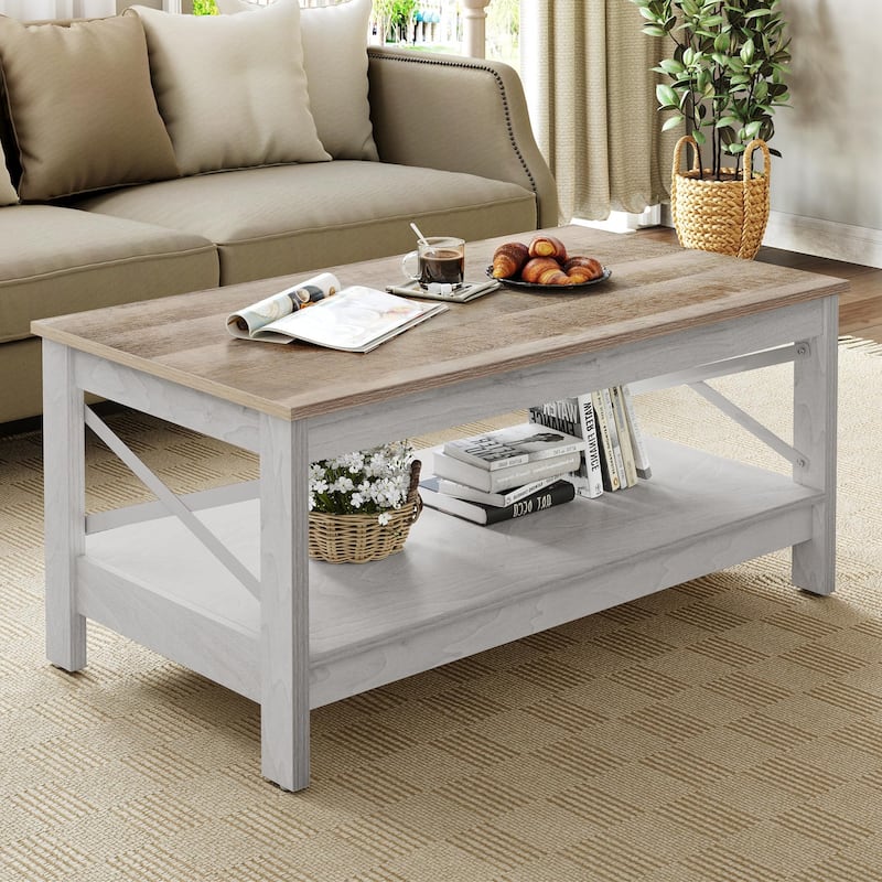 Farmhouse Wood Accent Coffee Table with Large Storage Shelf - Grey Wash