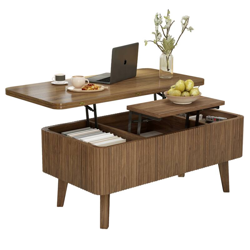 3 in 1 Walnut Lift Top Convertible Coffee Table, Oval Wooden with Storage for Small Spaces