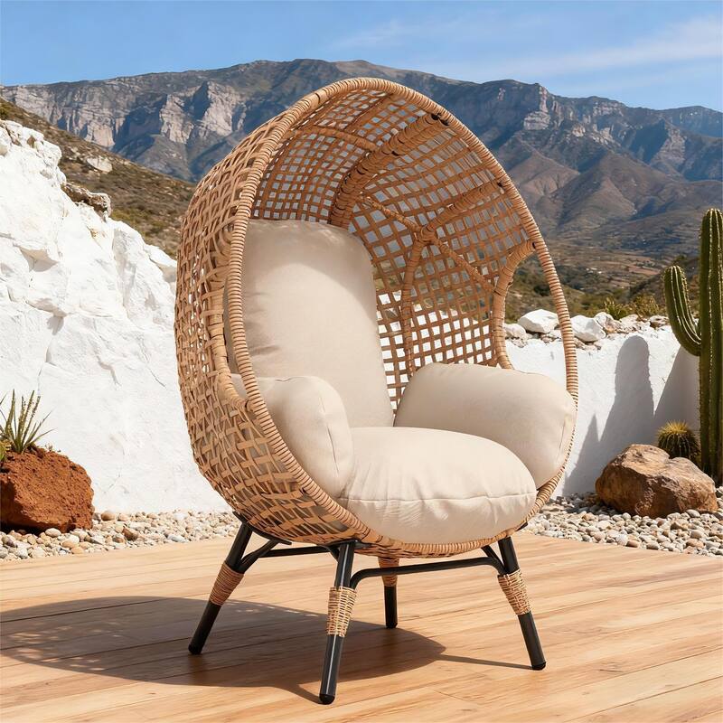 Elegant Arc Back Hanging Egg Chair, 400lb Capacity Patio Swing with 8-Inch Cushion, PE Rattan Outdoor Indoor Chair - Natural