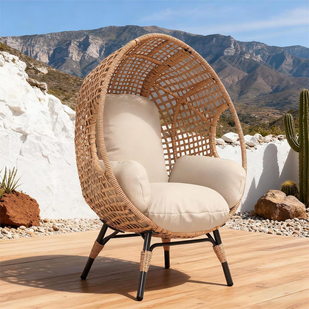 Elegant Arc Back Hanging Egg Chair, 400lb Capacity Patio Swing with 8-Inch Cushion, PE Rattan Outdoor Indoor Chair