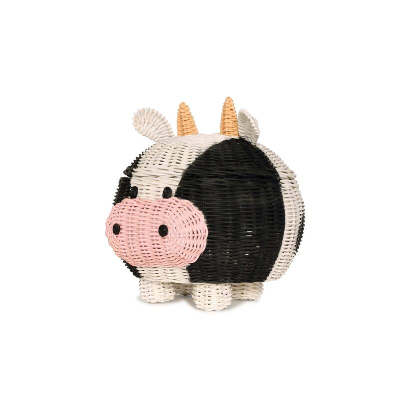 Cow Rattan Storage Basket with Lid Decorative Bin Home Decor Hand Woven Shelf Organizer Cute Handmade Handcrafted Gift