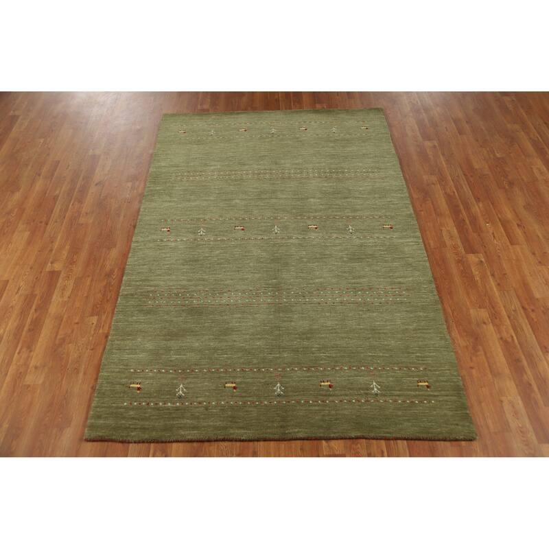 Modern Green Gabbeh Indian Rug Handmade Tribal Wool Carpet - 5'1" x 7'8"