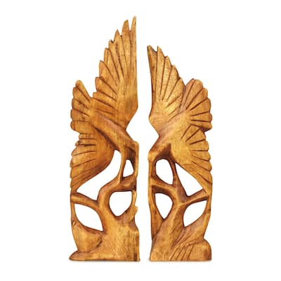 Wooden Hand Carved Set of Two Heron Bird Statue Figurine Sculpture Art Decorative Rustic Home Decor Accent Handmade Gift
