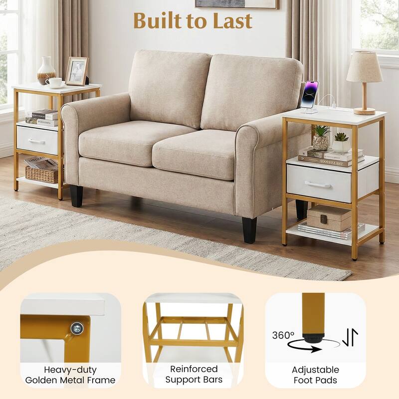 Gymax Nightstand w/Charging Station Set of 2 w/Fabric Drawer & Open