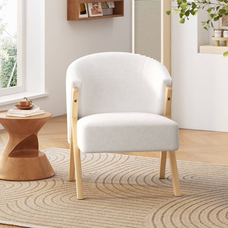 Fabric Upholstered Barrel Accent Chair, Comfy Club Lounge Chairs, Reading Armchair with Wooden Frame & Curved Backrest