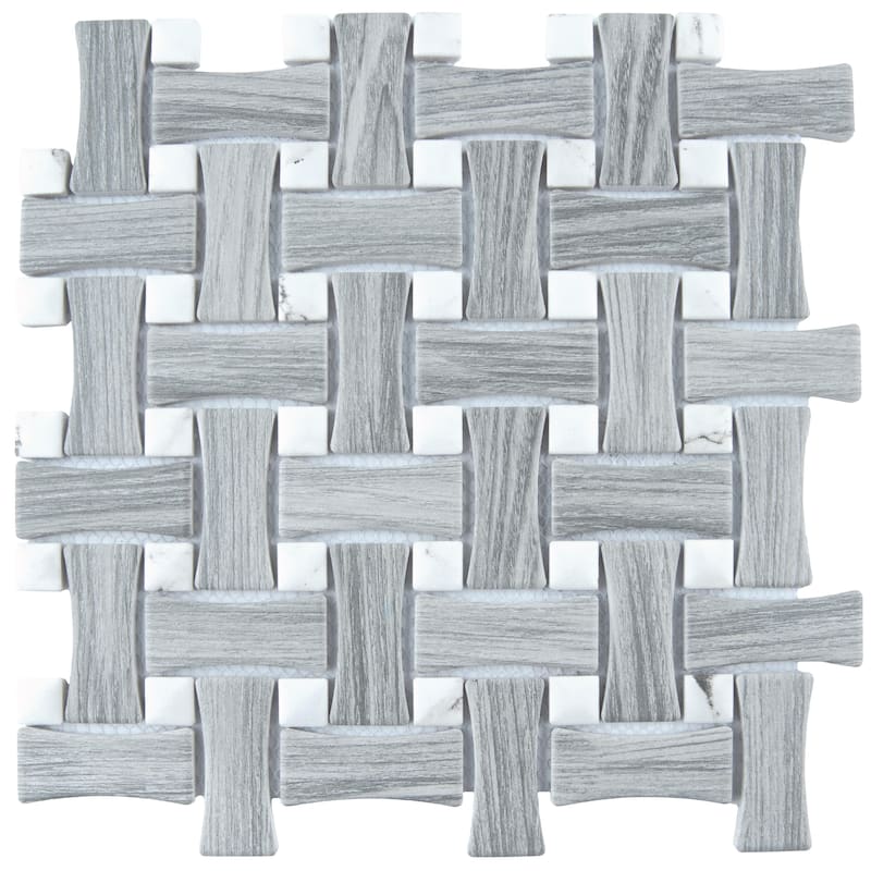 Merola Tile Llama Dog Bone Basketweave Silver Smoke/Calacatta Dot 10" x 10" Porcelain Floor and Wall Tile