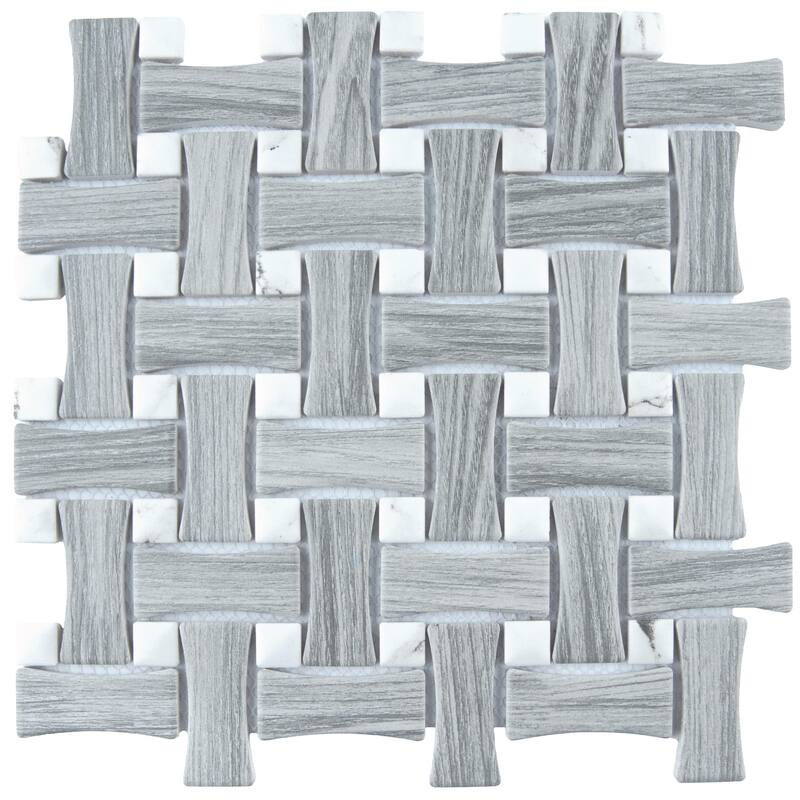 Merola Tile Llama Dog Bone Basketweave Silver Smoke/Calacatta Dot 10" x 10" Porcelain Mosaic Floor and Wall Tile