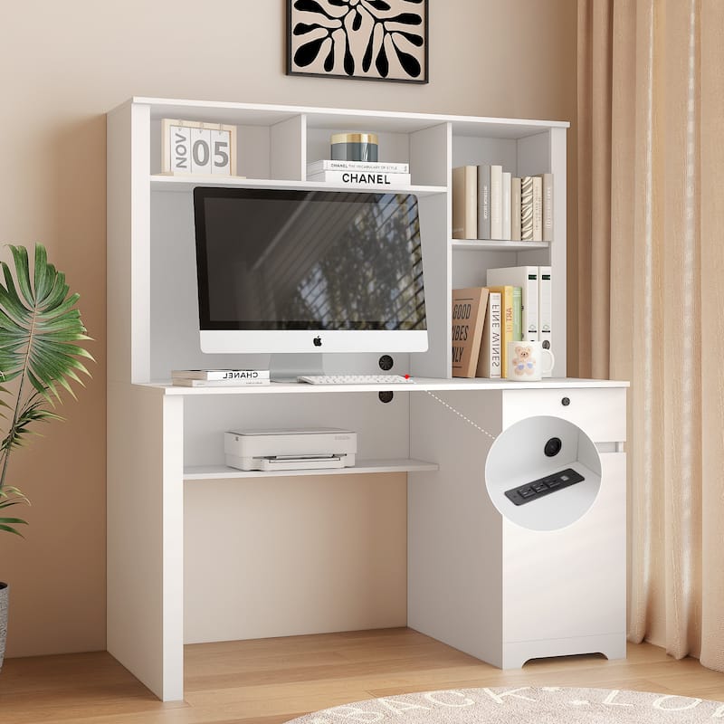GDFStudio - Sophia Home Office Computer Desk with Hutch, Bookshelf, and Built-In Charging Ports for Productivity