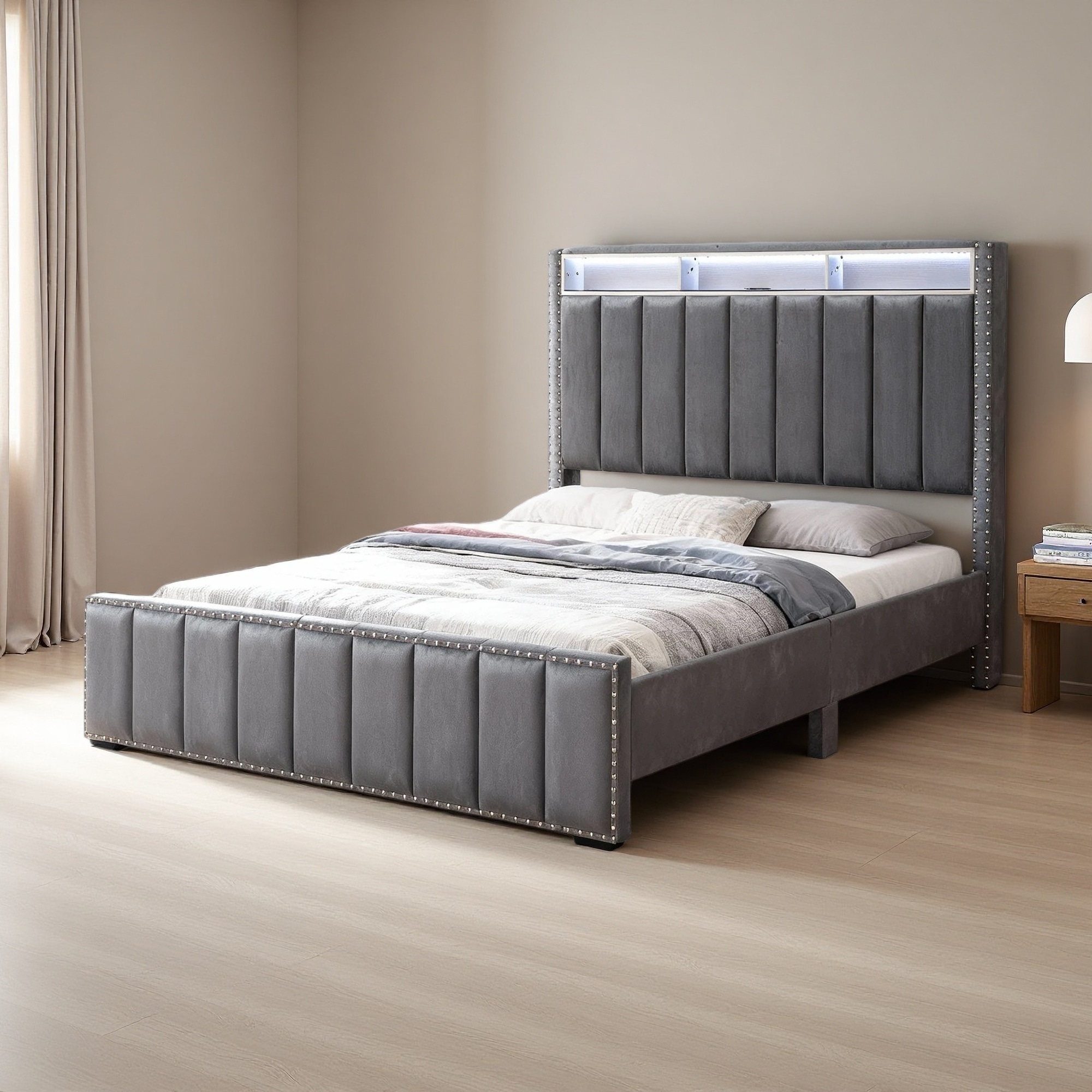 Queen Size Fabric Upholstered Bed with Storage Headboard, LED Touch Lighting, Vertical Channel Tufting, Nailhead Trim, USB Ports