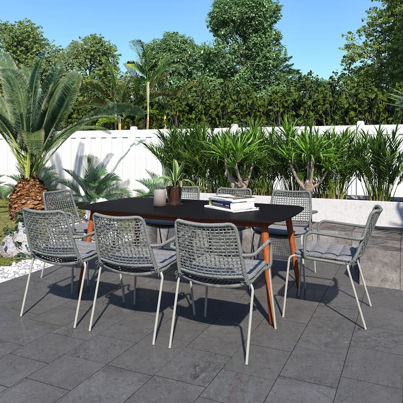 Amazonia Outdoor Patio 9-piece Rectangular FSC Certified Wood & Rope Dining Set - Black Table & Grey Chairs