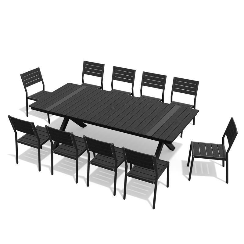 Outdoor Aluminum Dining Table Set Rectangular Table with Umbrella Hole and Stackable Chairs - Black