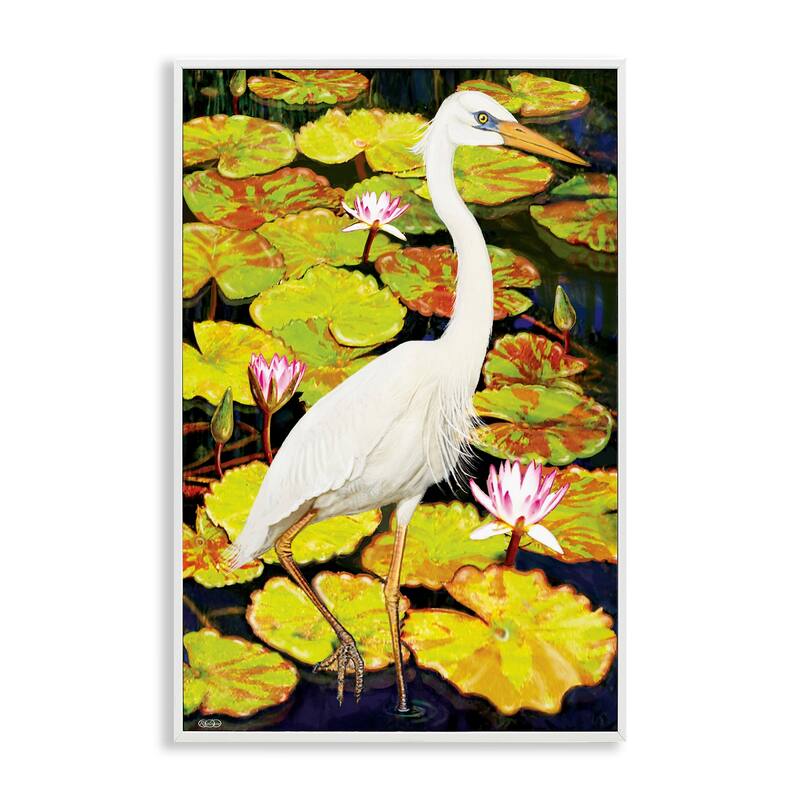 Stupell Stepping Bird on Lily Pads Framed Giclee Art Design By Rosiland Solomon - 20 x 30 - White