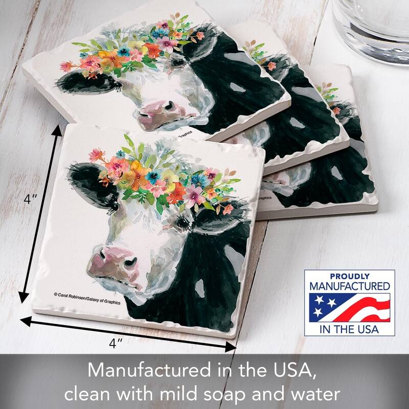 Flower Crown Cow 4 Pack Stone Coasters with Cork Backing 4" Square Made in The USA Artistic Absorbent Easily Wipes Clean