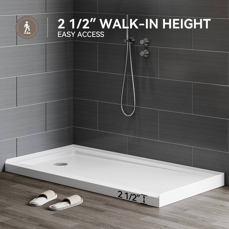 HOROW 60 x 30 Inch Alcove Shower Pan Base in High Gloss White with Wide Threshold Design - Left Drain Location