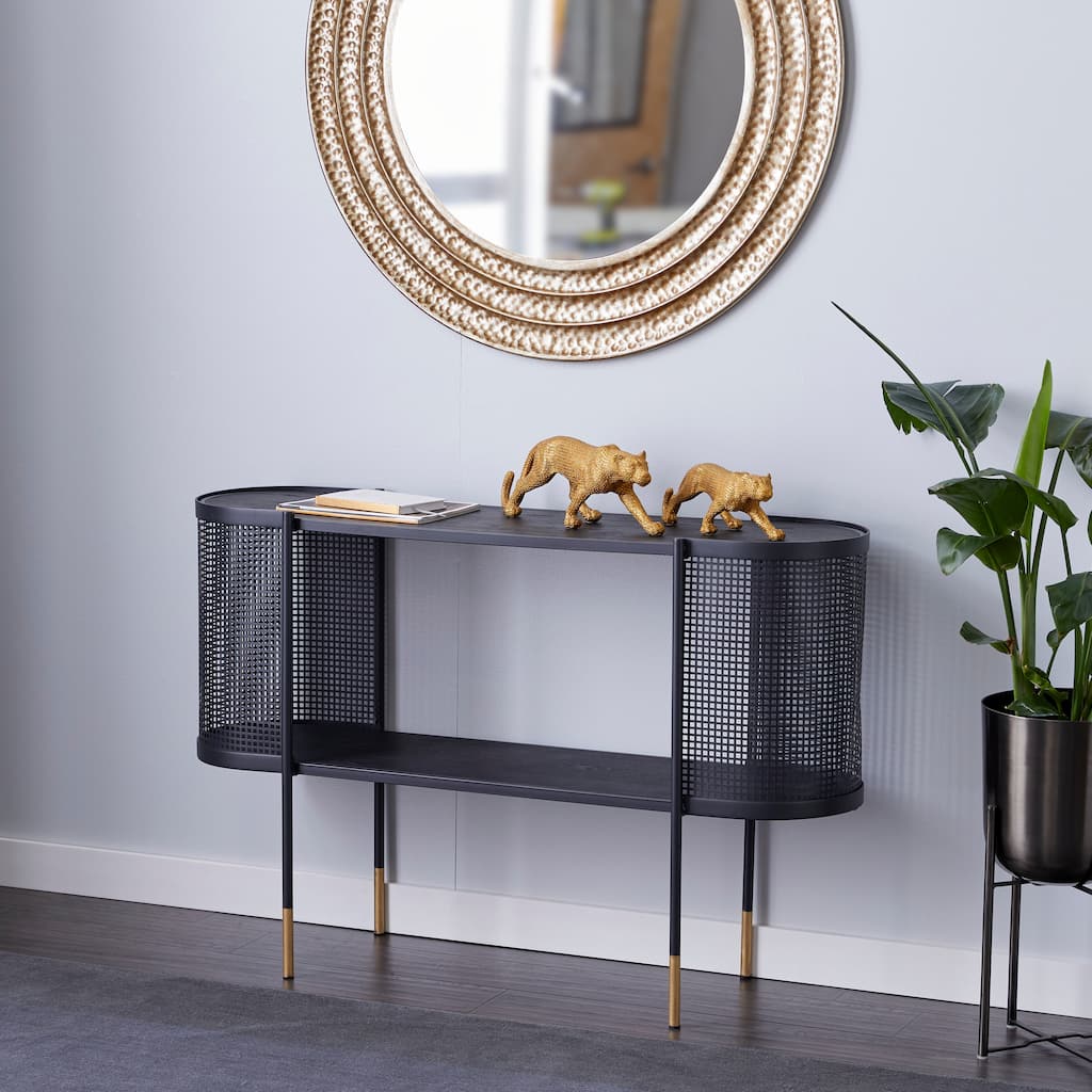 Black Metal Mesh Side Panel 1 Shelf Console Table with Open Center Storage