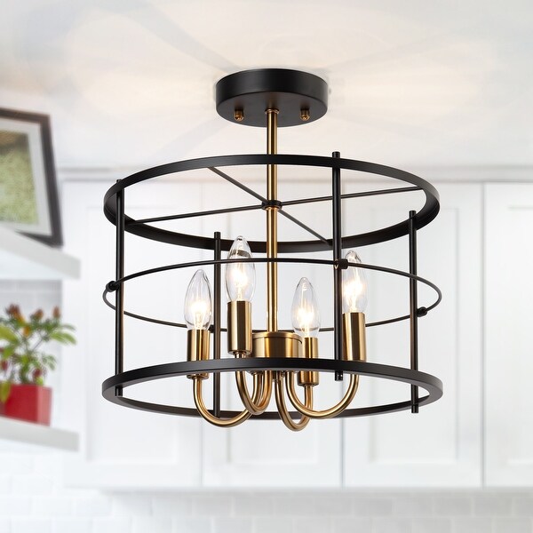 Modern 4-Light Black Gold Drum Semi Flush Mount Foyer Kitchen Ceiling Lights