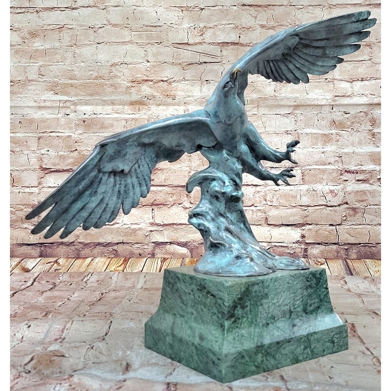 American Bald Eagle Wings Spread Green Bronze Sculpture Statue On Marble Base