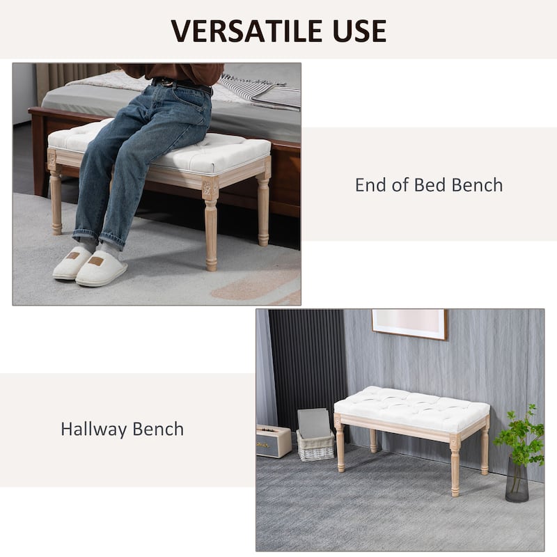 HOMCOM 32" Upholstered Cream White Bedroom End of Bed Bench with Button Tufted, Thick Padding