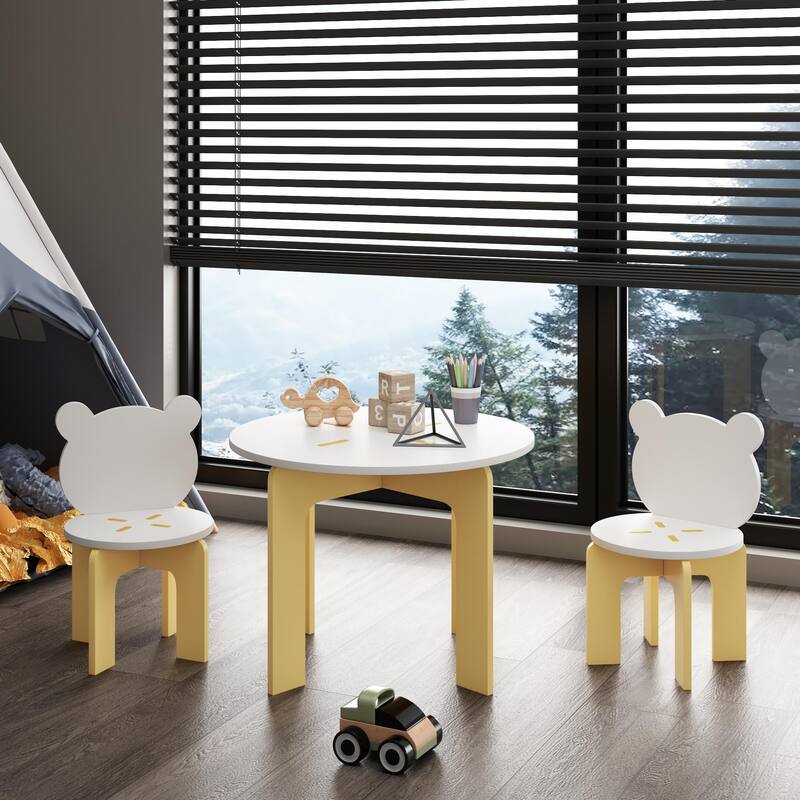 Kids Table and Chair Set, 3-Piece Toddler Table with 2 Chairs, Cute Bear-Back Chairs, Sturdy Wooden Activity Table Set