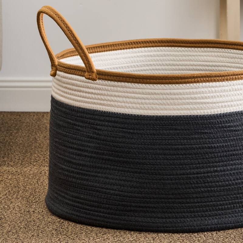 Cotton Round White Brown Laundry and Storage Basket