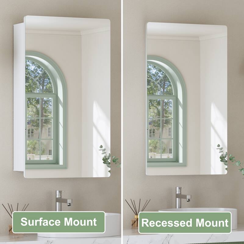 Mira Rectangular Frameless Medicine Cabinet with Mirror, Sliding Adjustable Glass Shelves, Reversible Door