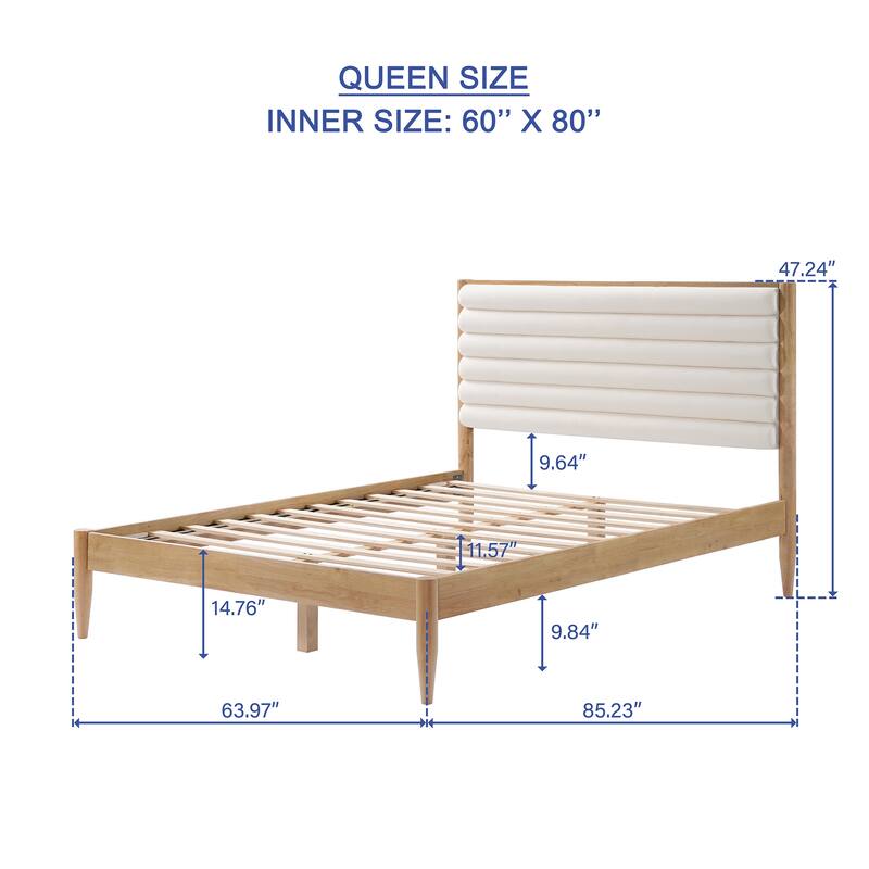 Wood Bed Frame with Upholstered Headboard Queen Size Platform with Slat Support Mattress Foundation No Box Spring Needed,Ivory