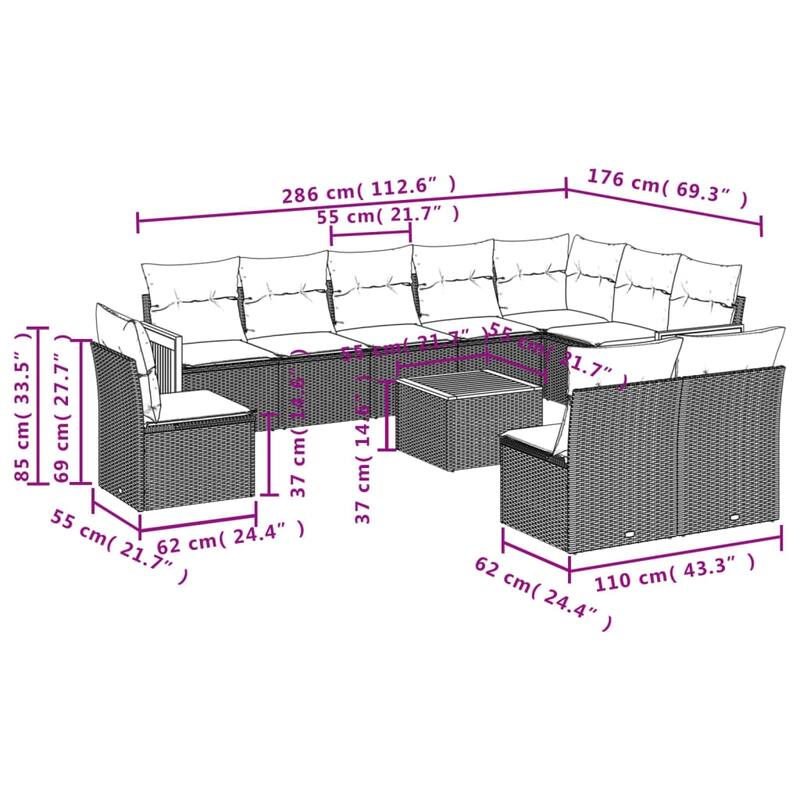 vidaXL 10/11 Piece Patio Sofa Set with Cushions Black/Gray Poly Rattan - 21.7 x 24.4 x 27.2
