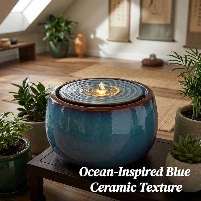 Round Blue Ceramic Water Floor Fountain with LED Light and Pump