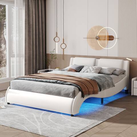Queen Size Upholstered Faux Leather Platform Bed with Led Lights and Wave-like Bed Frame