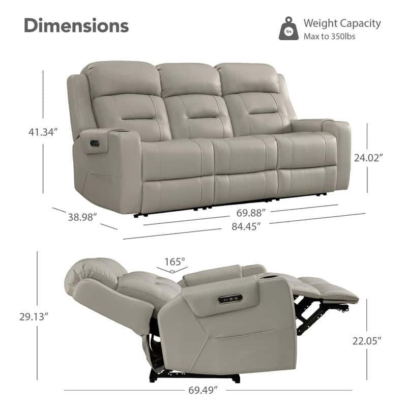 Spruce & Spring Genuine Leather Power Reclining Sofa with Wireless Charging