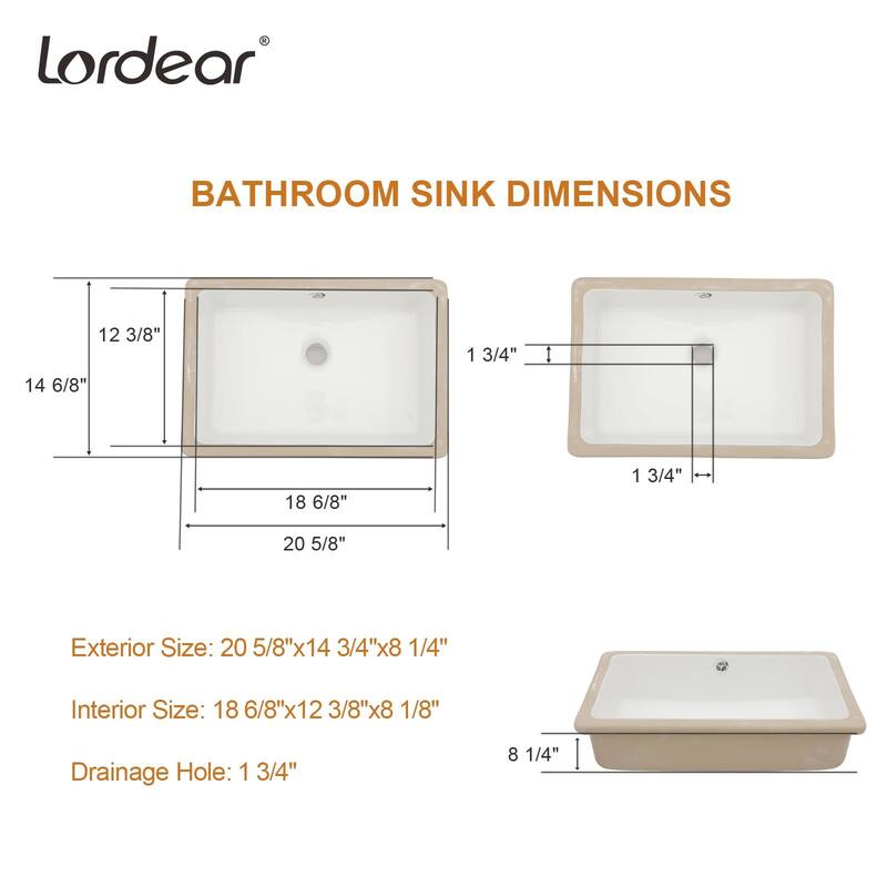 18/20 in. Undermount Vessl Sink White Rectangle Porcelain Ceramic Lavatory Bathroom Sink