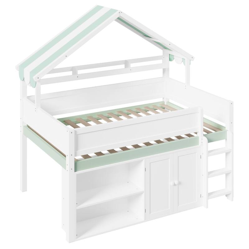 Full Size Loft Bed with Canopy Roof, Storage Cabinets & Open Shelves by Harper&Bright Designs
