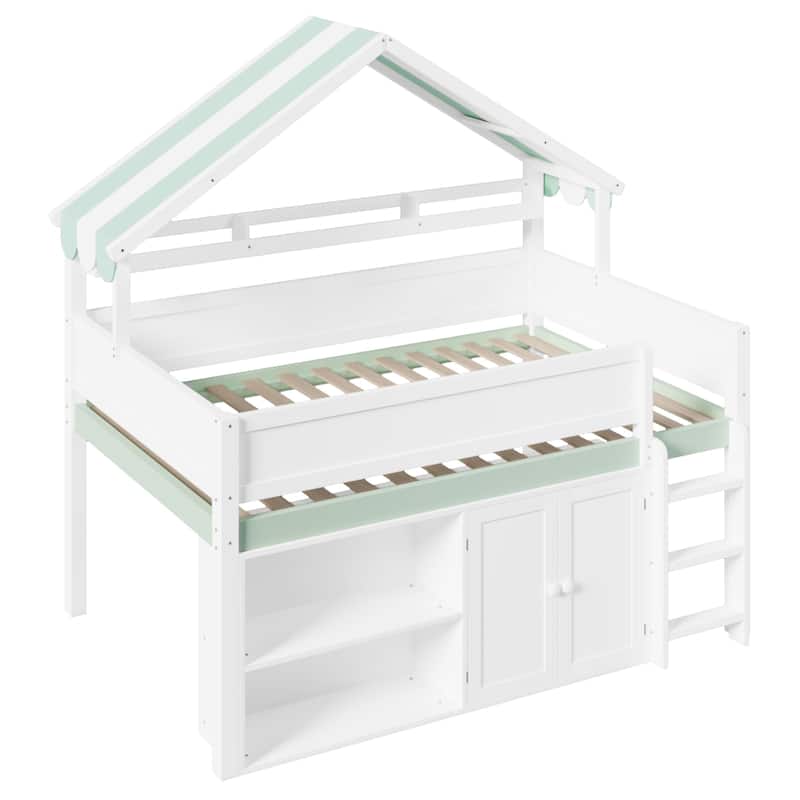Full Size Loft Bed with Canopy Roof & Storage Cabinet - Space-Saving Study Bed