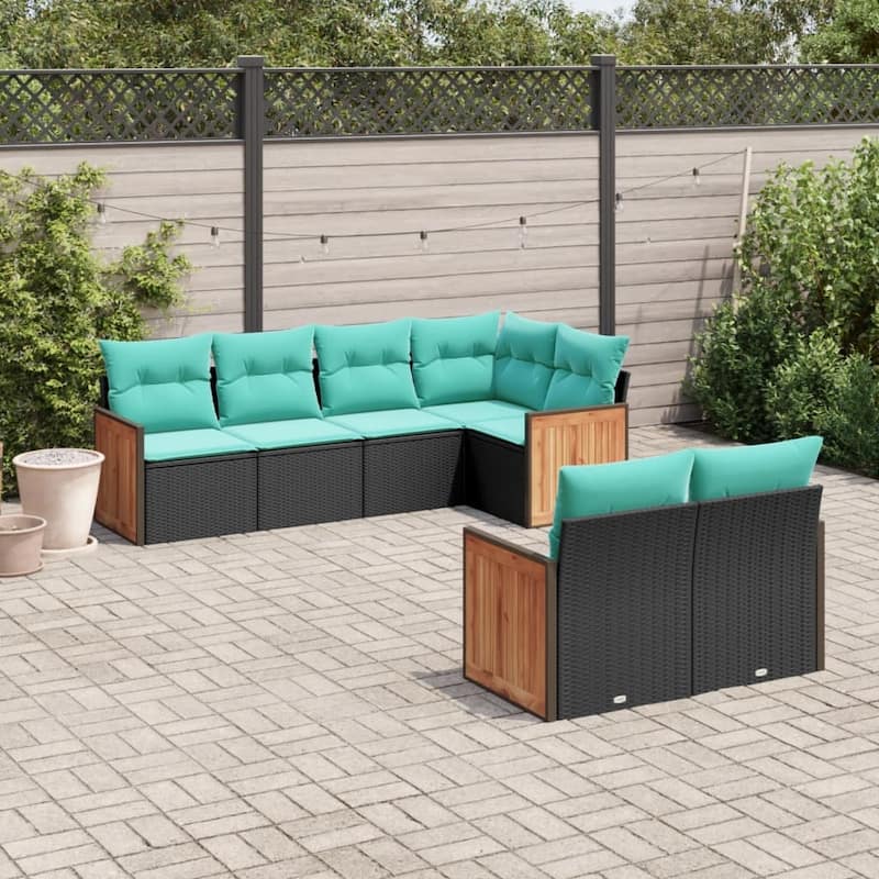 vidaXL 7 Piece Patio Sofa Set with Cushions Black Poly Rattan - 21.7x27.2x24.4