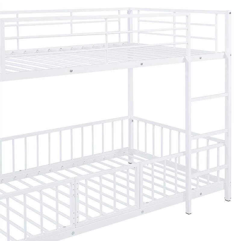 Metal Bunk Bed with Slide and Door, Twin Over Twin/Full Over Full Low Bunk Bedframe with Fence Guardrails and Ladder for 2 Kids