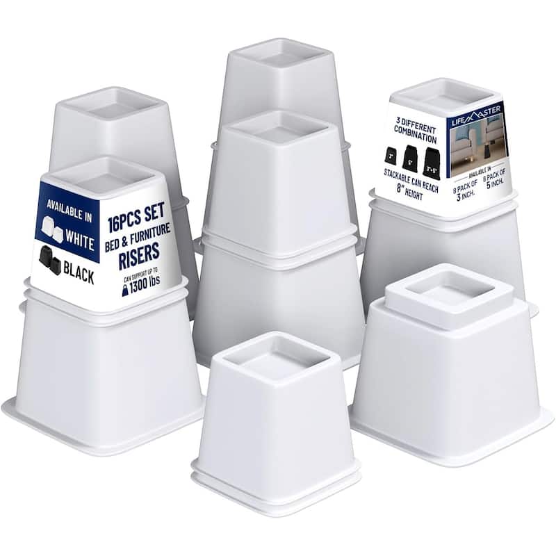 Lifemaster Furniture Riser Set - Non-Slip Design Furniture Leg Riser - Pack of 16 - White