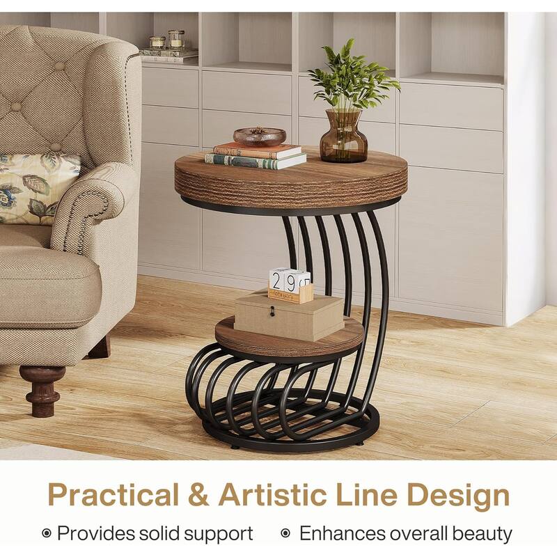 2 Tiers Round End Table with Shelf Storage, Arc-Shaped Side Sofa Table