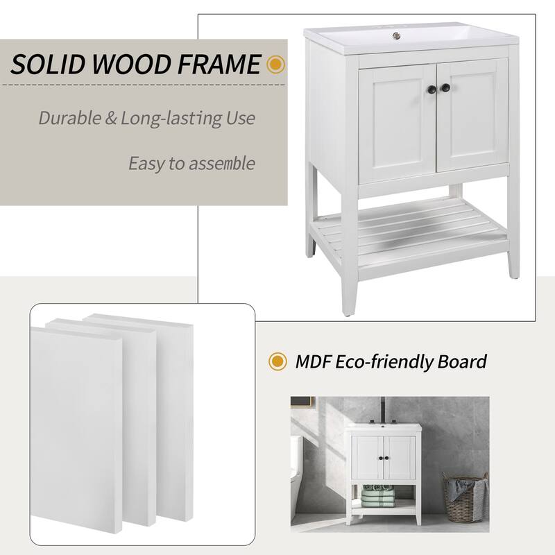 24" Bathroom Wood Storage Vanity Cabinet with Ceramic Sink and Shelf
