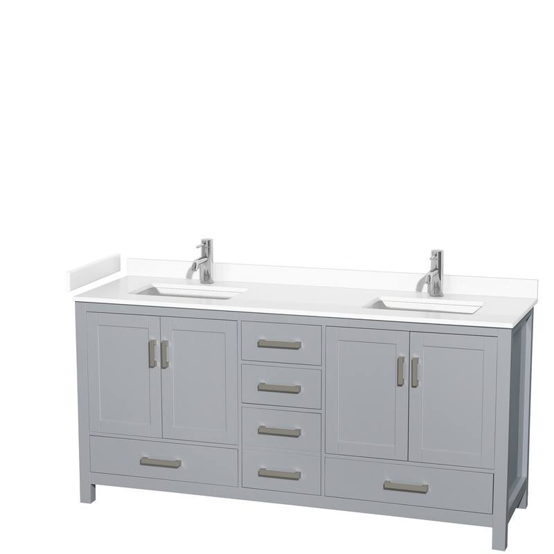 Sheffield Double Bathroom Vanity Set, Cultured Top, No Mirror - 72-Inch Double - Gray, White Cultured Marble Top, Chrome Trim