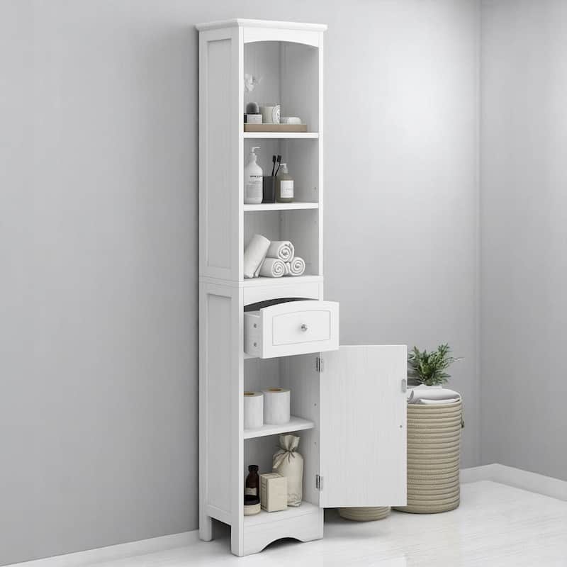 Slim Freestanding Bathroom Cabinet with Drawer and Doors, Adjustable Shelf, Waterproof MDF Storage Unit