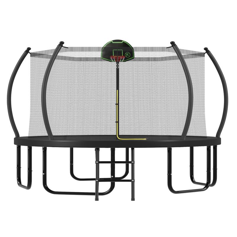 12FT Trampoline with Basketball Hoop for Kids and Adults, Round Outdoor Trampoline with Enclosure Net & Curved Poles