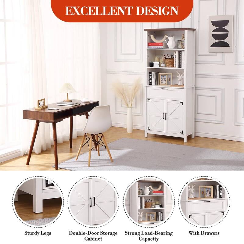 72 Inch Bookshelf Bookcase with Doors, 6-Tier Farmhouse Bookshelf with Cabinet and Drawer